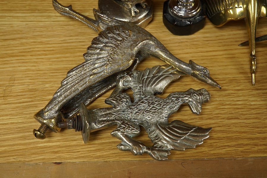 Six bird themed car mascots, including an Hispano Souza style flying stalk, a small parrot, a flying crane, an eagle perched on a ball, and a 14th/20th King’s Hussars crowned eagle, some examples chromed. Condition - fai